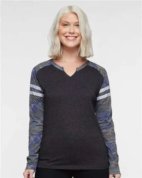 Lat 3534 Women’s Fine Jersey Mash Up Long Sleeve T-shirt - Vintage Smoke Camo