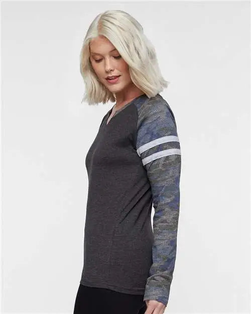 Lat 3534 Women’s Fine Jersey Mash Up Long Sleeve T-shirt - Vintage Smoke Camo