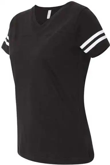 Lat 3537 Women’s Football v Neck Fine Jersey Tee Black Solid White