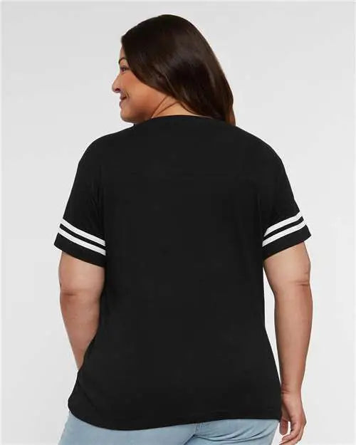 Lat 3537 Women’s Football V-neck Fine Jersey Tee - Black Solid White
