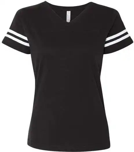 Lat 3537 Women’s Football v Neck Fine Jersey Tee Black Solid White