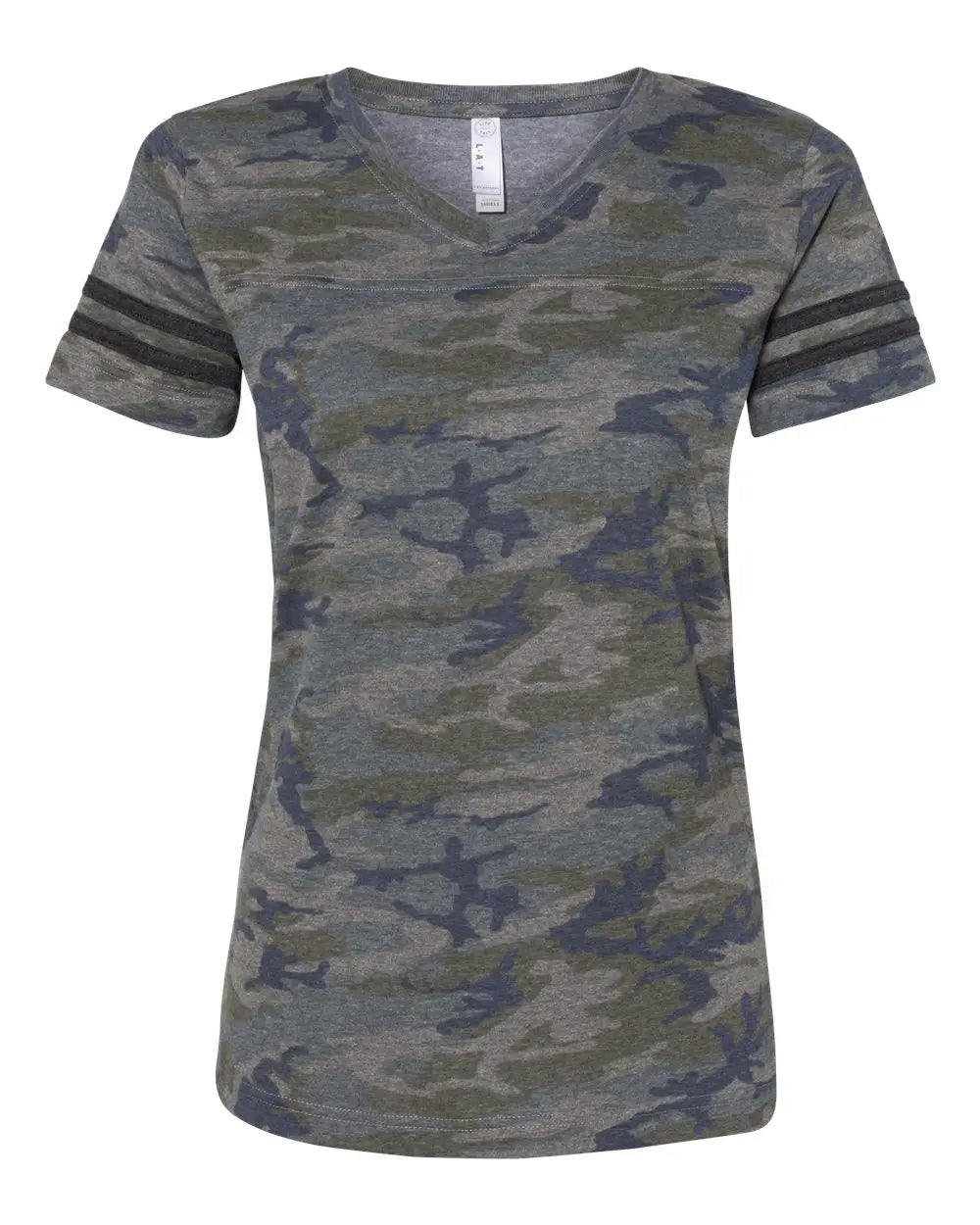 Lat 3537 Women’s Football V-neck Fine Jersey Tee - Vintage Camo Smoke - Multi Color / s