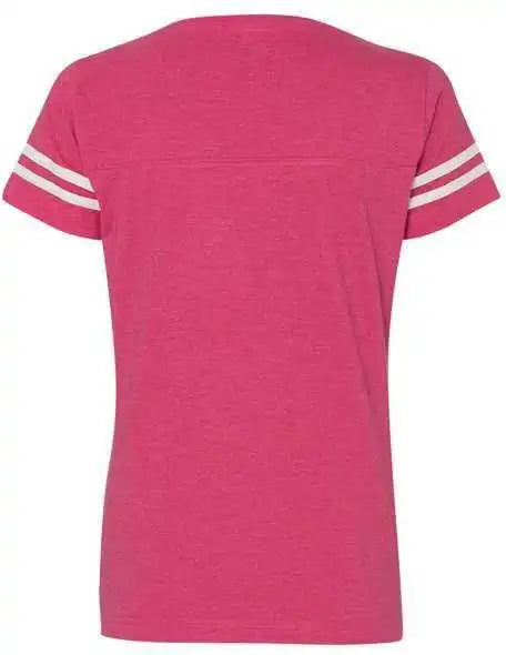 Lat 3537 Women’s Football v Neck Fine Jersey Tee Vintage Hot Pink White
