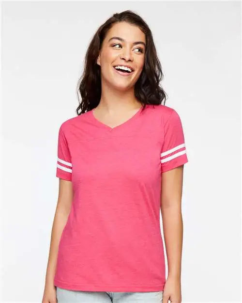 Lat 3537 Women’s Football V-neck Fine Jersey Tee - Vintage Hot Pink White