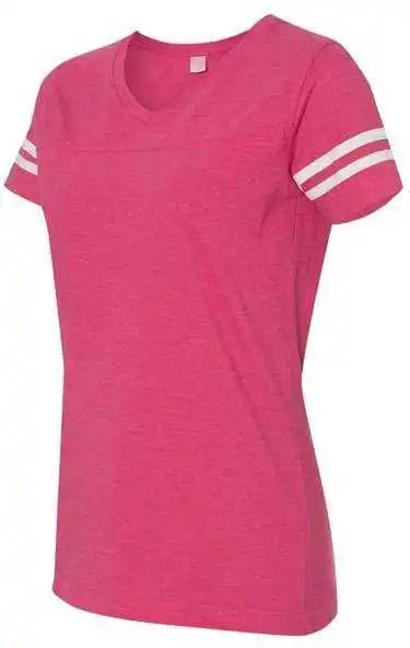 Lat 3537 Women’s Football v Neck Fine Jersey Tee Vintage Hot Pink White