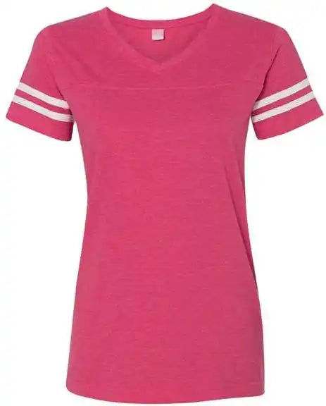 Lat 3537 Women’s Football v Neck Fine Jersey Tee Vintage Hot Pink White