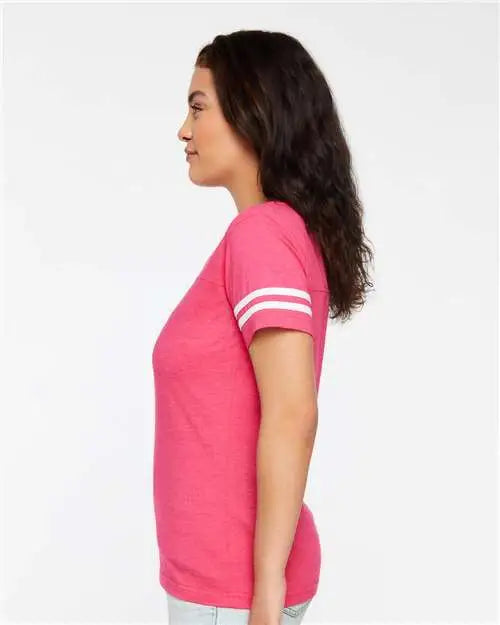 Lat 3537 Women’s Football V-neck Fine Jersey Tee - Vintage Hot Pink White