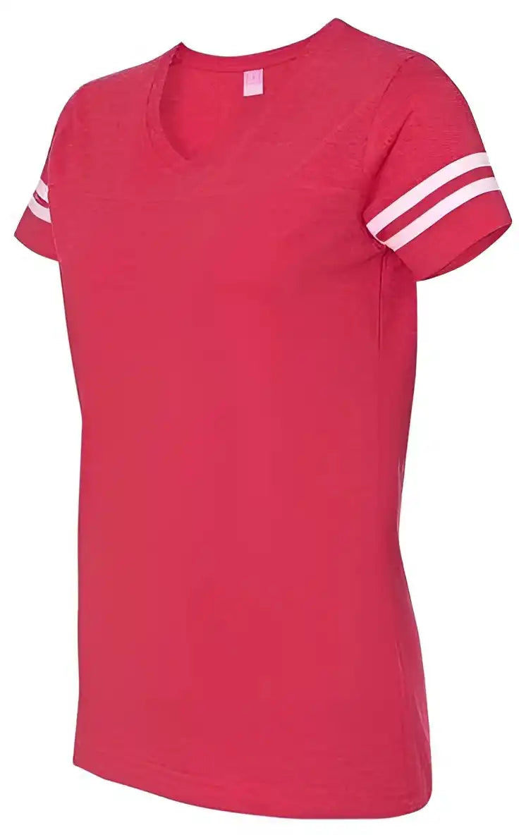 Lat 3537 Women’s Football v Neck Fine Jersey Tee Vintage Red White