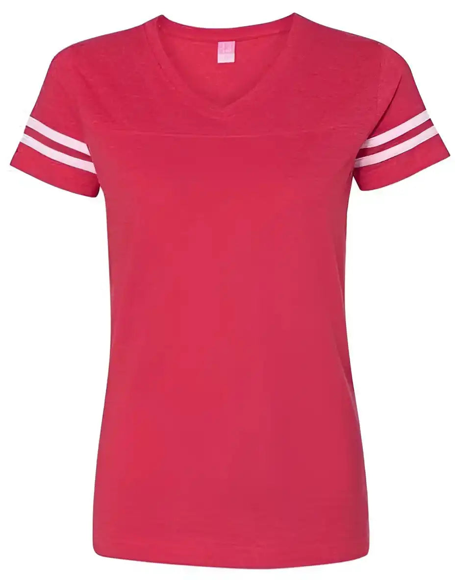Lat 3537 Women’s Football v Neck Fine Jersey Tee Vintage Red White