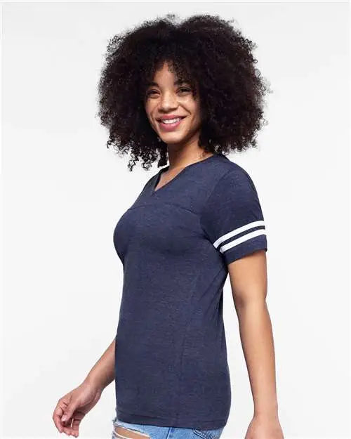 Lat 3537 Women’s Football V-neck Fine Jersey Tee - Vintage True Navy Blended White