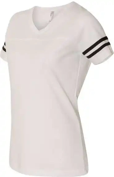 Lat 3537 Women’s Football v Neck Fine Jersey Tee White Solid Black