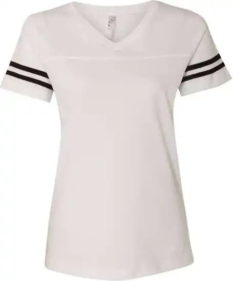 Lat 3537 Women’s Football v Neck Fine Jersey Tee White Solid Black