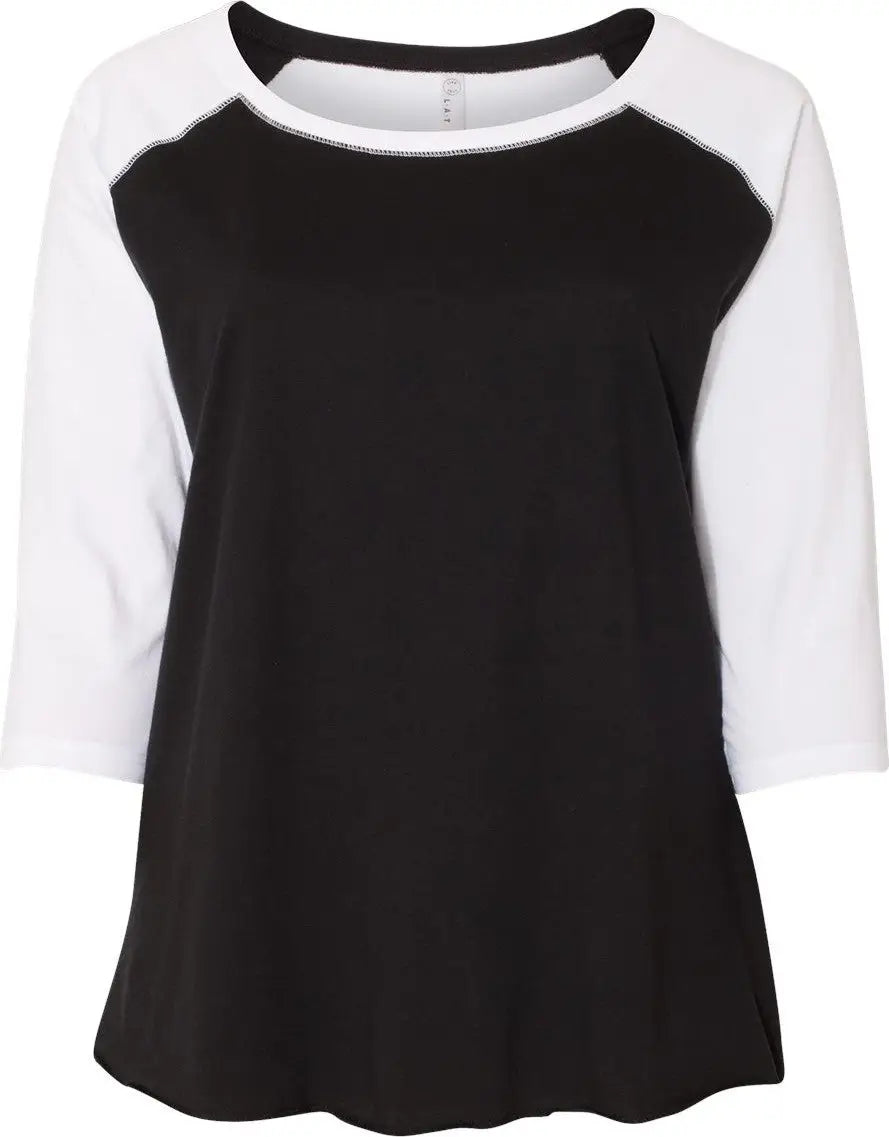 Lat 3830 Curvy Collection Women’s Baseball Three-quarter Sleeve Tee - Black White - 1 - 14/16