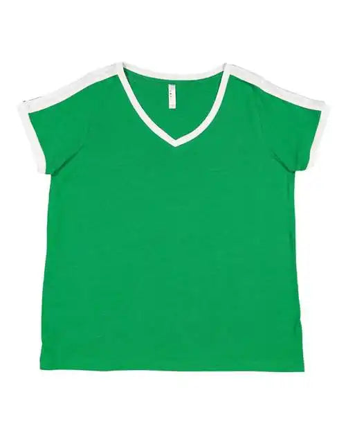Lat 3832 Women’s Curvy Retro Ringer Premium Jersey V-neck Tee - Vintage Green White