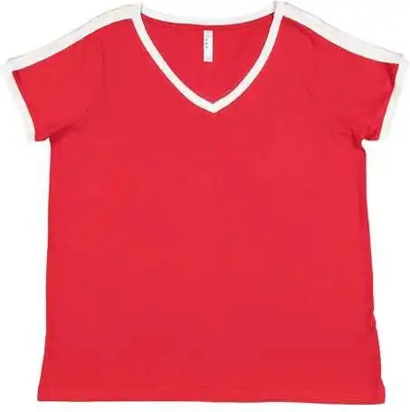 Lat 3832 Women’s Curvy Retro Ringer Premium Jersey v Neck Tee Red White