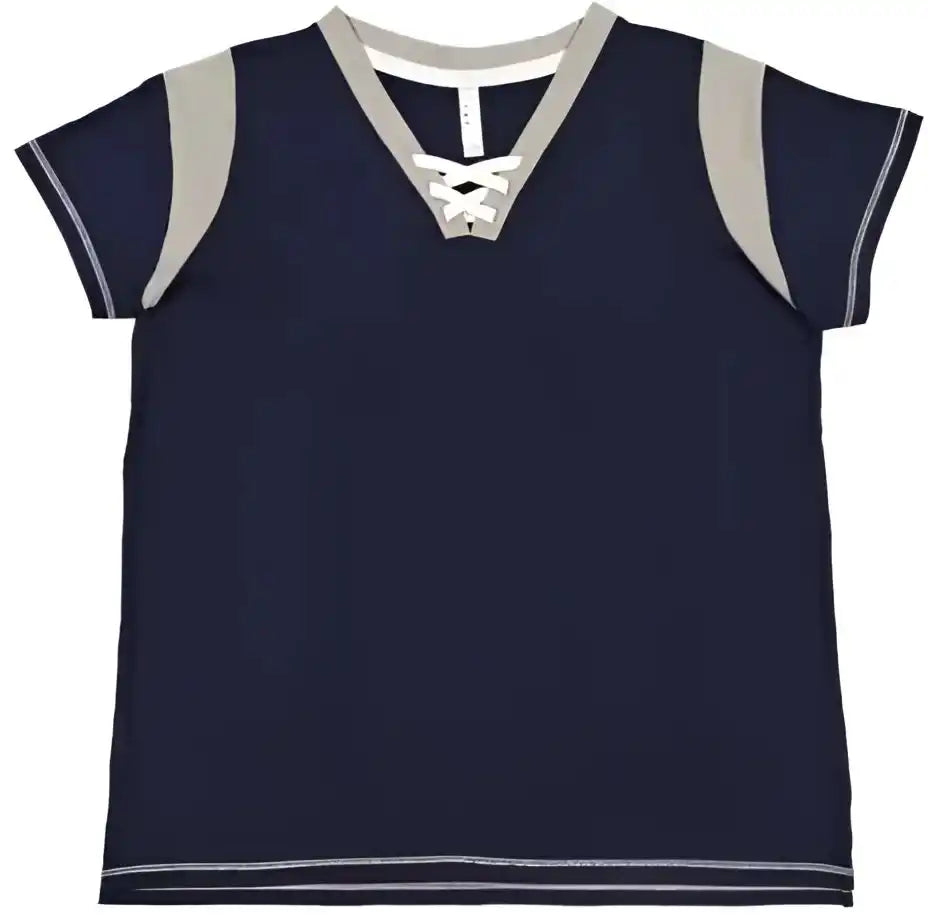 Lat 3833 Women’s Curvy Lace Up Fine Jersey Tee Navy Titanium White