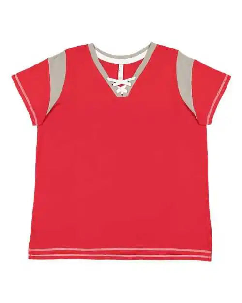 Lat 3833 Women’s Curvy Lace Up Fine Jersey Tee - Red Titanium White