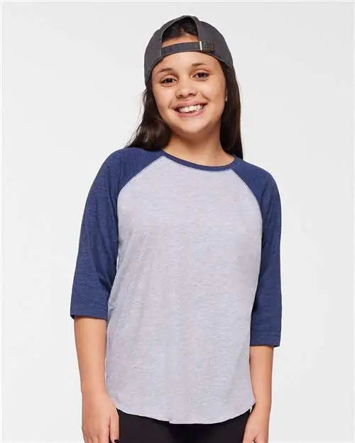 Lat 6130 Youth Baseball Fine Jersey Three-quarter Sleeve Tee - Vintage Heather True Navy - Heather/ / Xs
