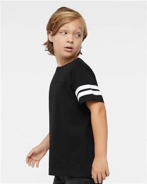 Lat 6137 Youth Football Fine Jersey Tee - Black Solid White
