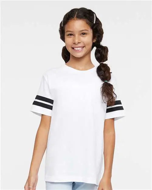 Lat 6137 Youth Football Fine Jersey Tee - White Solid Black