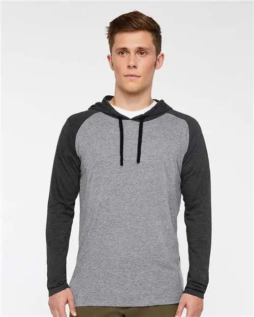 Lat 6917 Fine Jersey Hooded Long Sleeve Raglan T-shirt - Granite Heather Vintage Smoke Black
