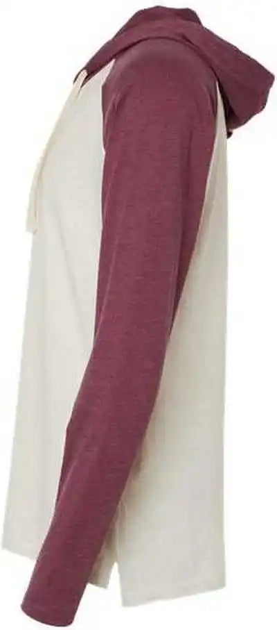 Lat 6917 Fine Jersey Hooded Long Sleeve Raglan t Shirt Natural Heather Vintage Burgundy