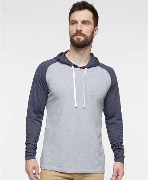 Lat 6917 Fine Jersey Hooded Long Sleeve Raglan T-shirt - Vintage Heather Navy White