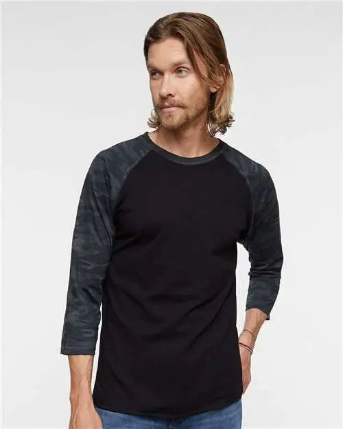 Lat 6930 Baseball Fine Jersey Three-quarter Sleeve Tee - Black Storm Camo