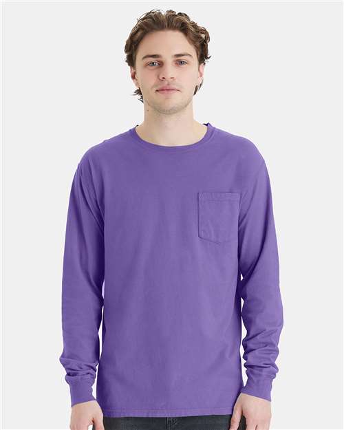 Front View of Lavender Garment-Dyed Long Sleeve T-Shirt With a Pocket - GDH250