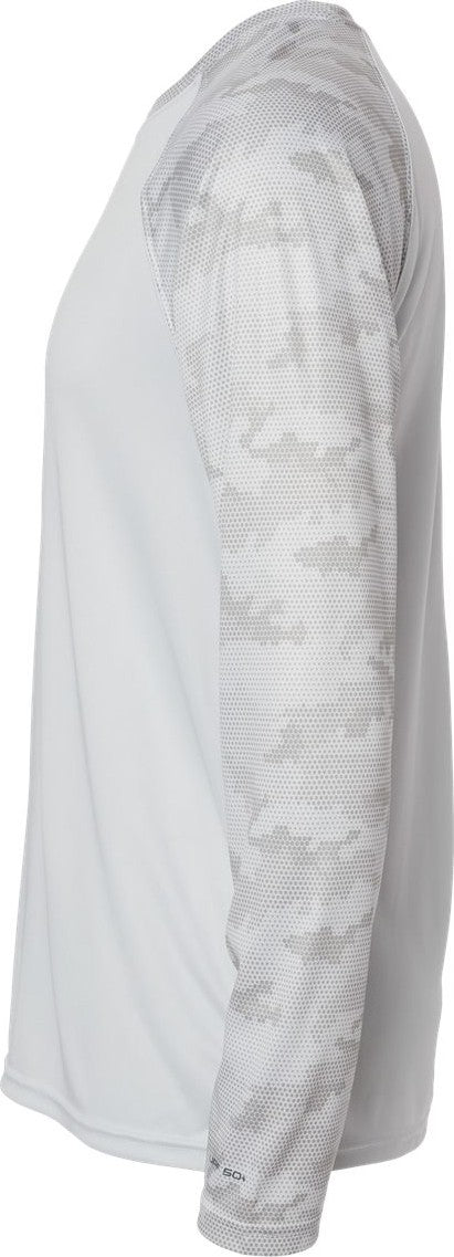Left View of Aluminum Cayman Performance Camo Colorblocked Long Sleeve T-Shirt - 216