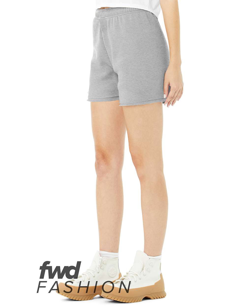 Left View of Athletic Heather FWD Fashion Women&#39;s Cutoff Fleece Shorts - 3797