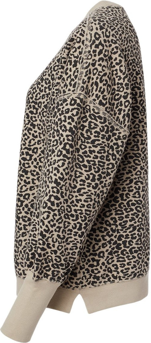 Left View of Atmosphere/ Black Leopard Women&#39;s Sueded Fleece Crewneck Sweatshirt - W22712