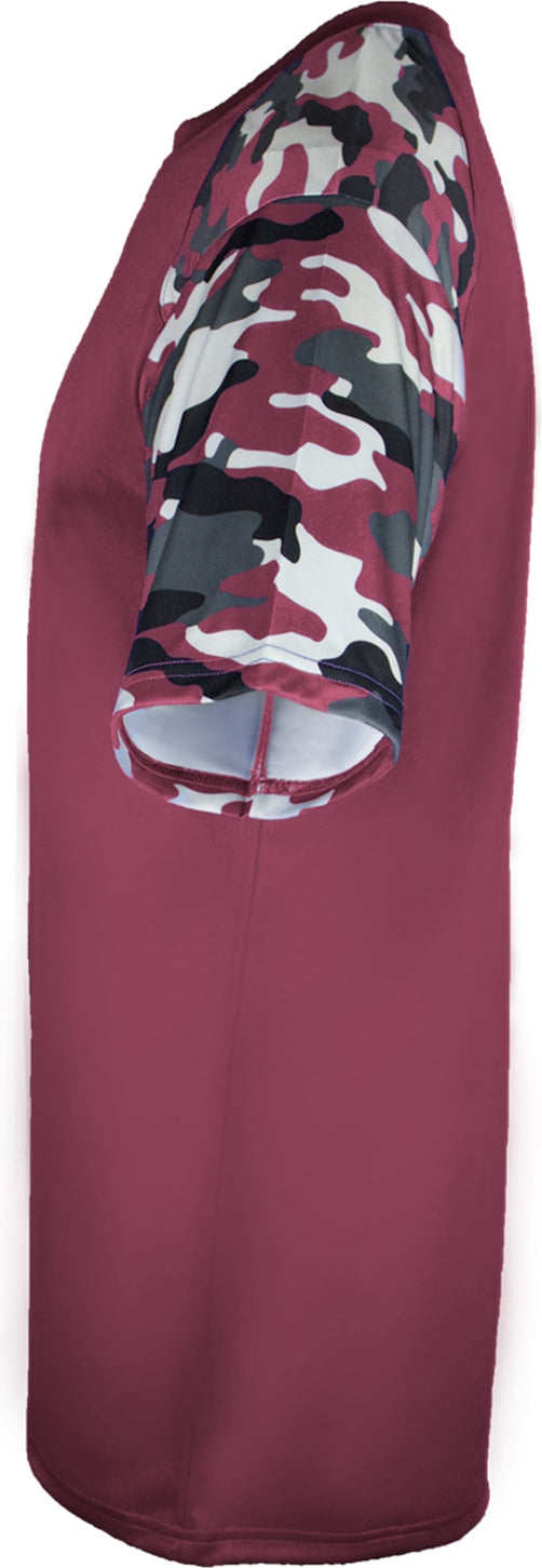 Left View of BA MAROON/MAROON CAMO YOUTH CAMO SPORT TEE