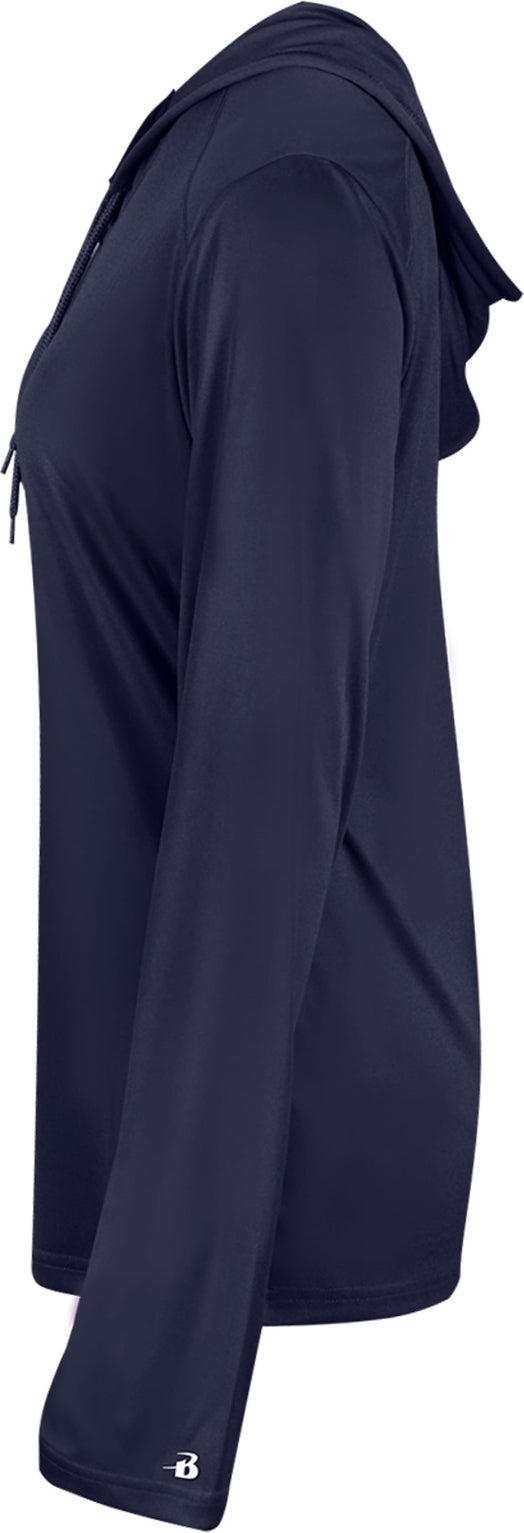 Left View of BA NAVY LADIES B-CORE L/S HOOD TEE