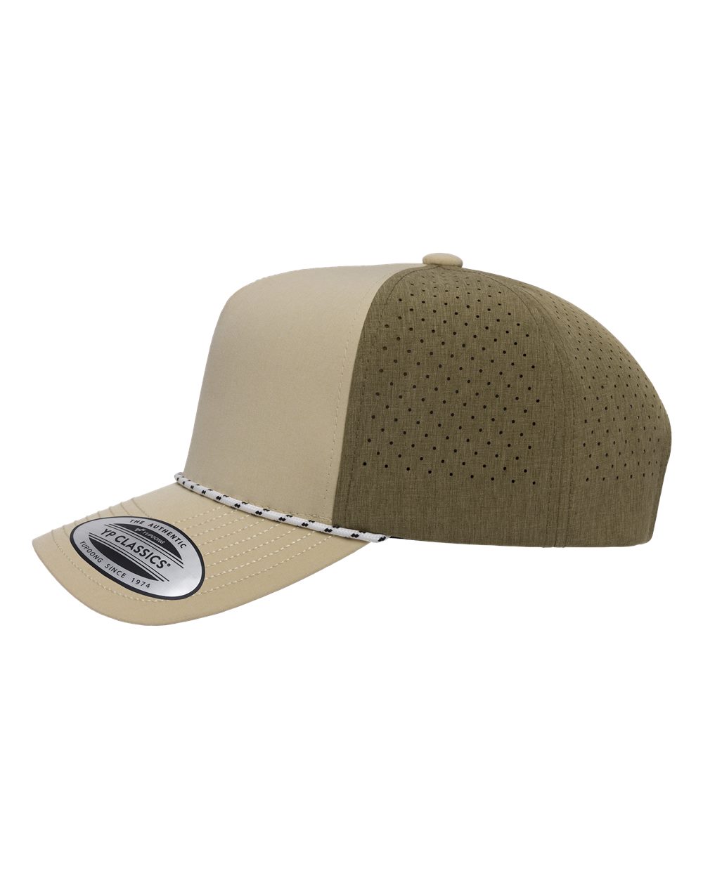 Left View of Beige/ Loden Green/ Beige Five-Panel Perforated Rope Cap - 5389BD plain