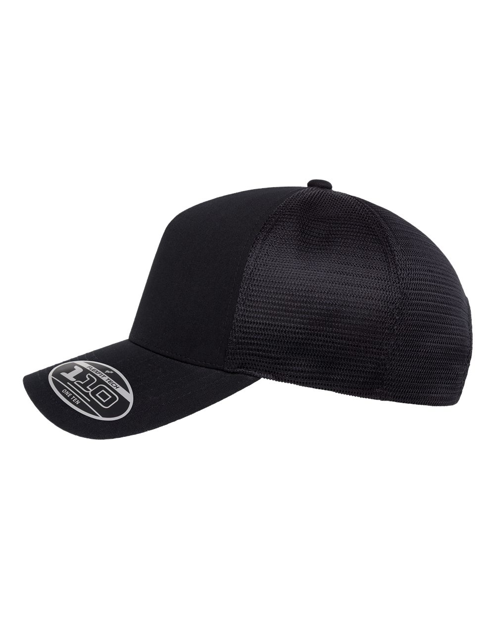 Left View of Black 110® Five-Panel Mesh Cap - 110M5 plain