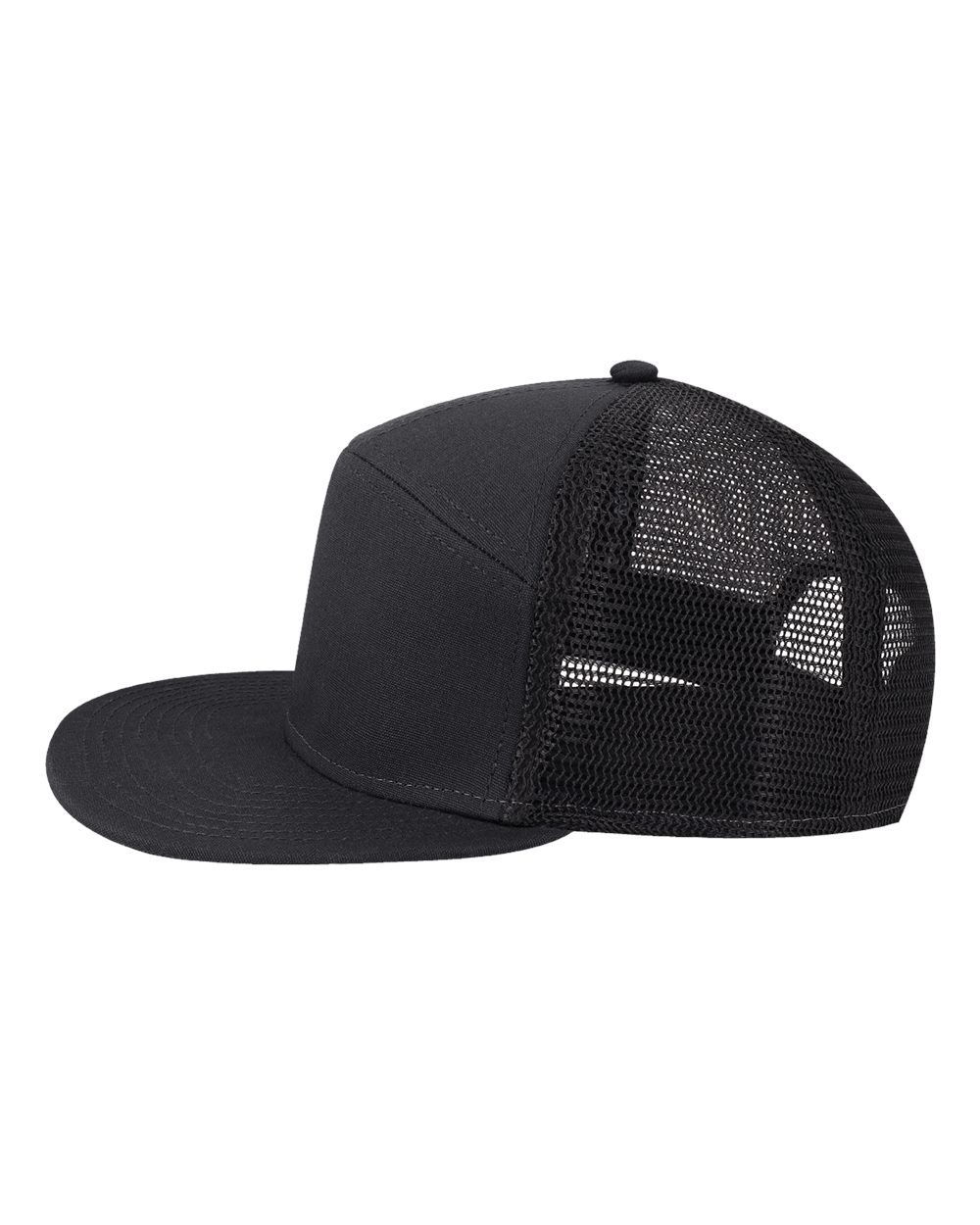 Left View of Black/ Black Hopback Seven-Panel Trucker Cap - H7FB plain