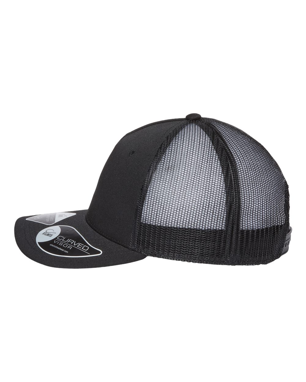 Left View of Black/ Black Sustainable Five-Panel Trucker Cap - ZION