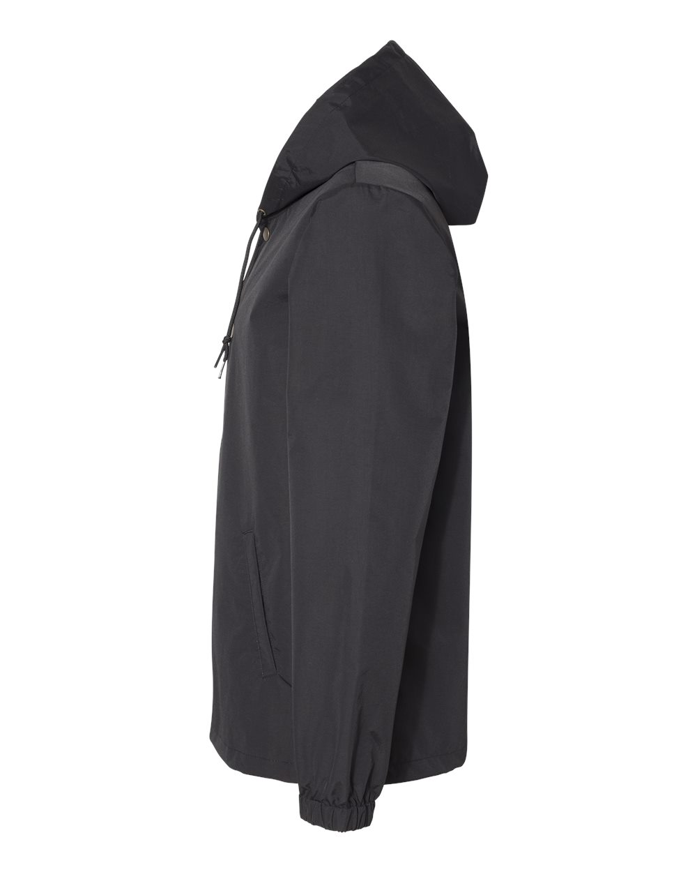 Left View of Black/ Black Water-Resistant Hooded Windbreaker - EXP95NB