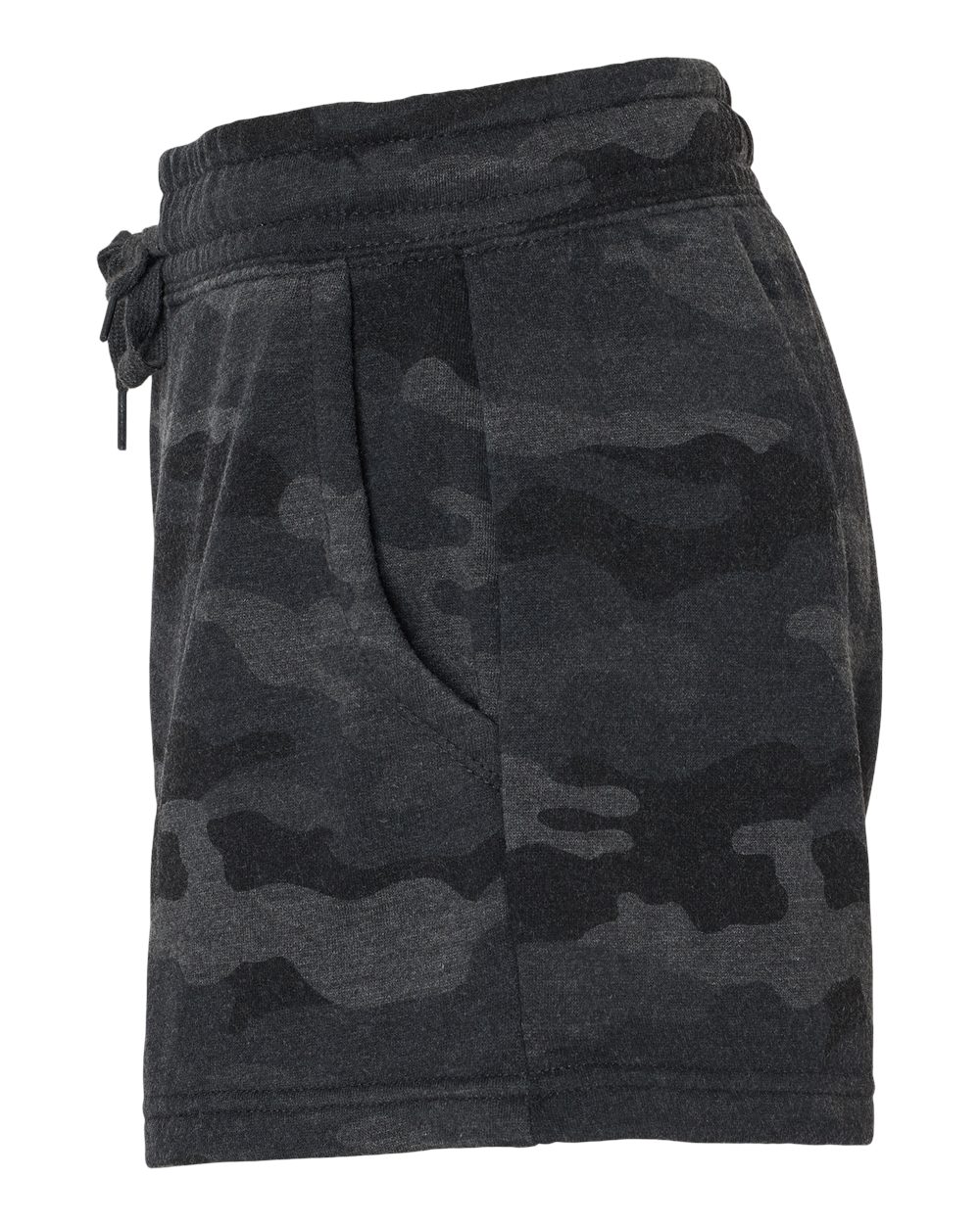 Left View of Black Camo Heather Women’s Lightweight California Wave Wash Fleece Shorts - PRM20SRT