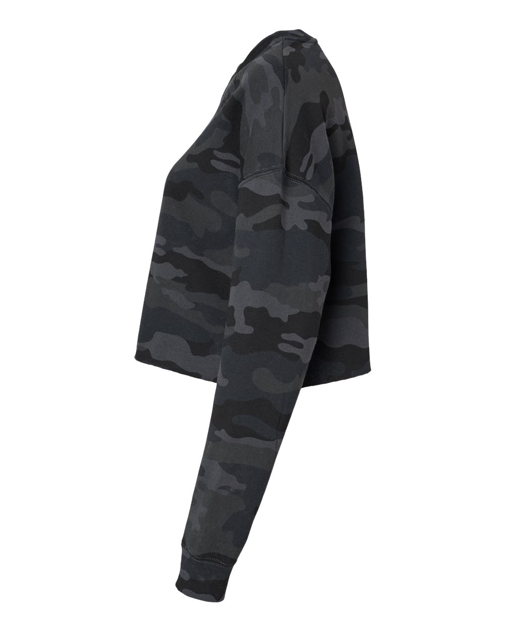 Left View of Black Camo Women&#39;s Lightweight Crop Crewneck Sweatshirt - AFX24CRP