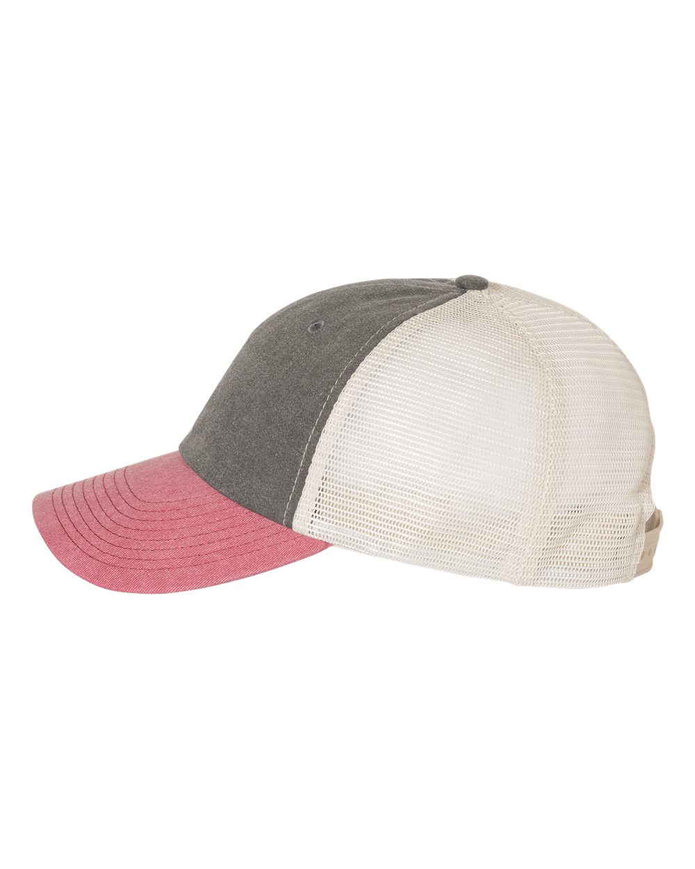Left View of Black/ Cardinal/ Stone Pigment-Dyed Trucker Cap - SP510