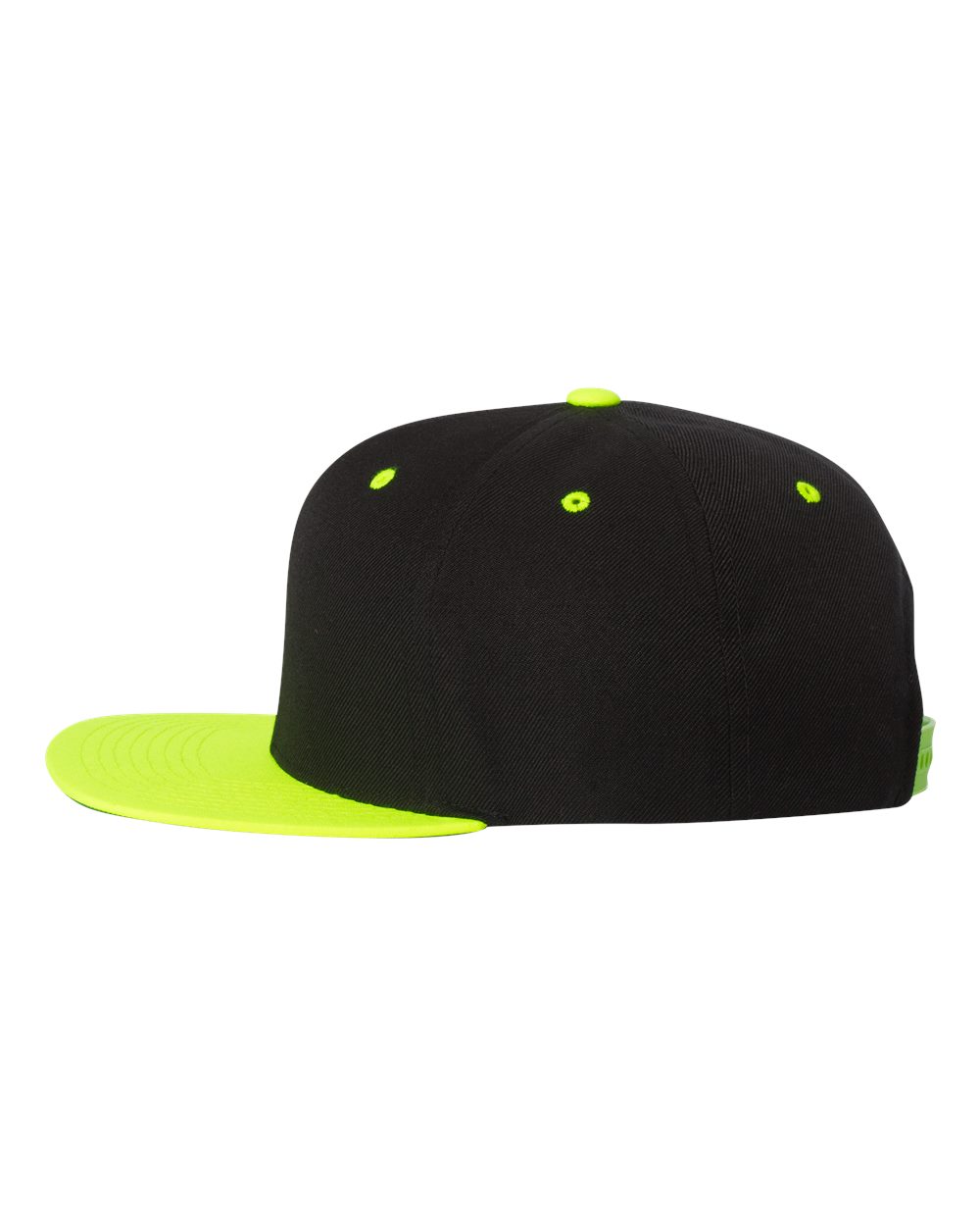 Left View of Black/ Neon Green Premium Flat Bill Snapback Cap - 6089M