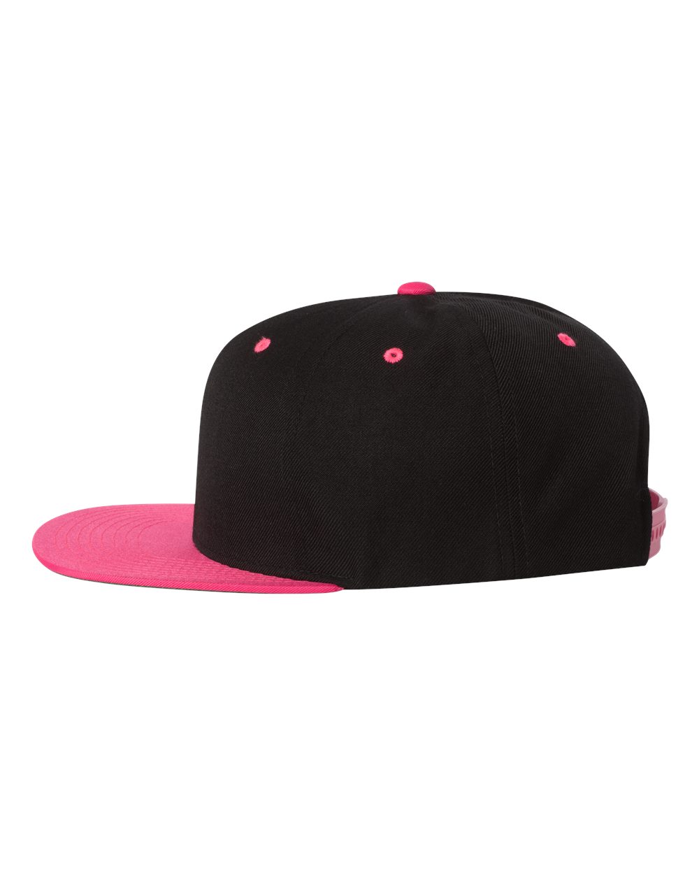 Left View of Black/ Neon Pink Premium Flat Bill Snapback Cap - 6089M