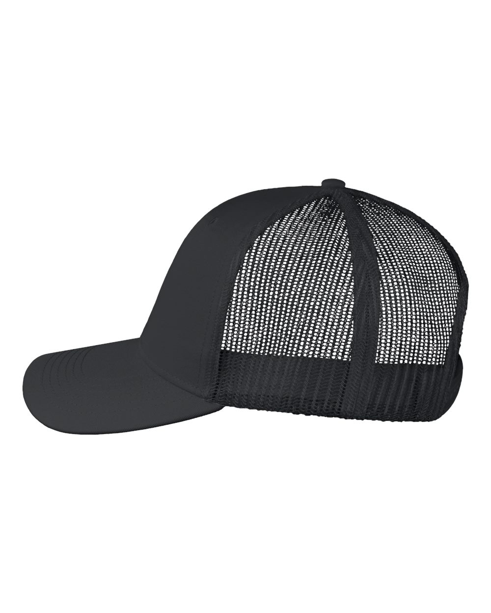 Left View of Black Poly Twill Trucker Cap - VC955
