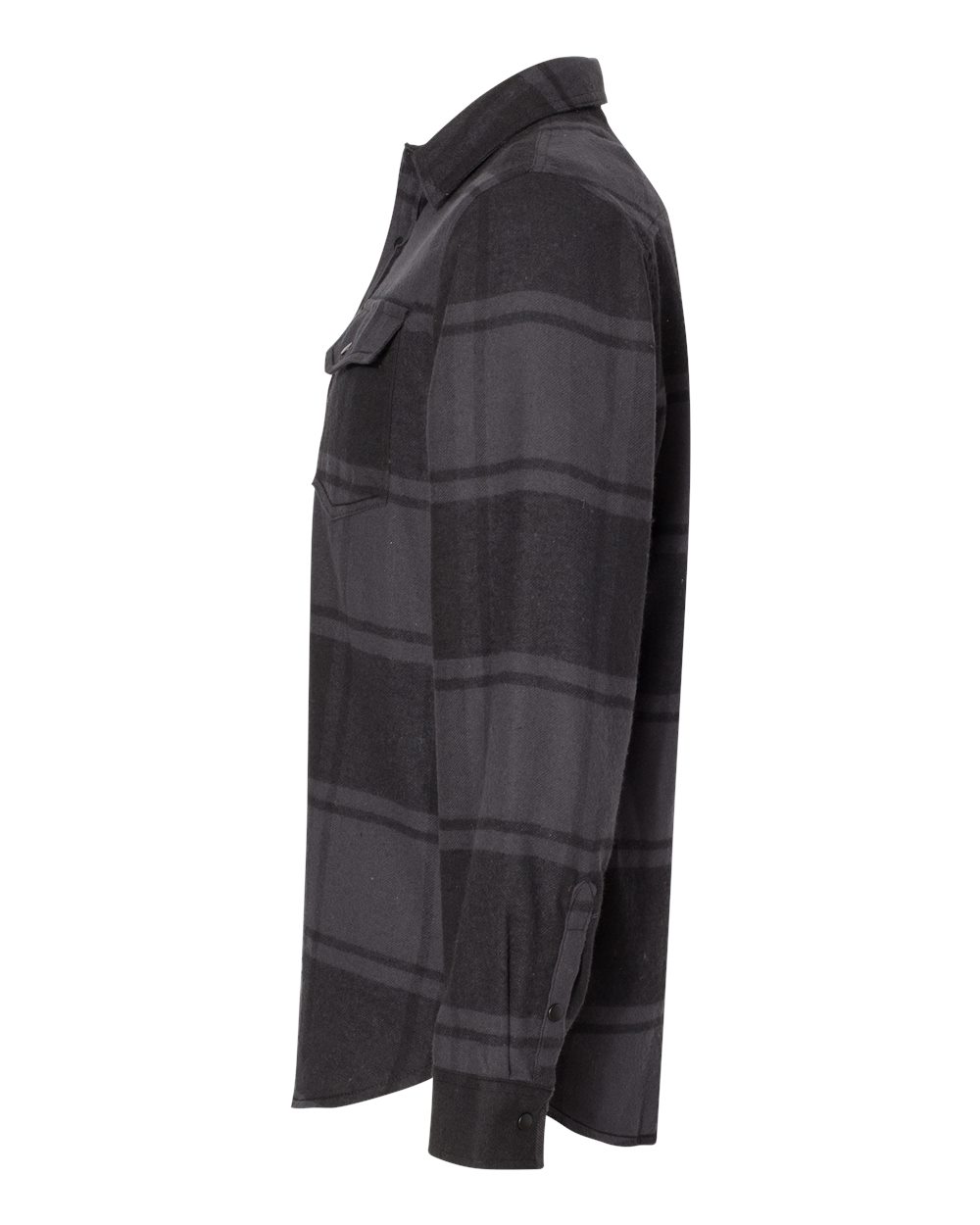 Left View of Black Snap Front Plaid Flannel Shirt - 8219
