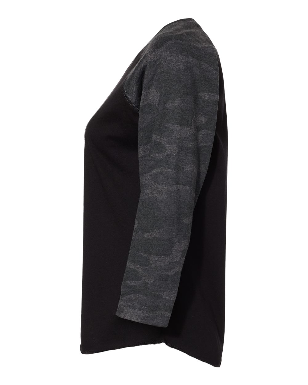 Left View of Black/ Storm Camo Women's Baseball Fine Jersey Three-Quarter Sleeve Tee - 3530