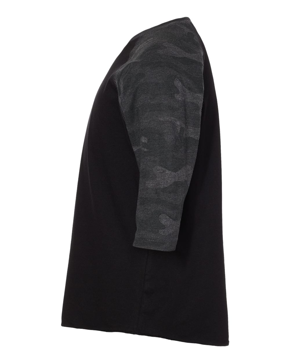 Left View of Black/ Storm Camo Youth Baseball Fine Jersey Three-Quarter Sleeve Tee - 6130
