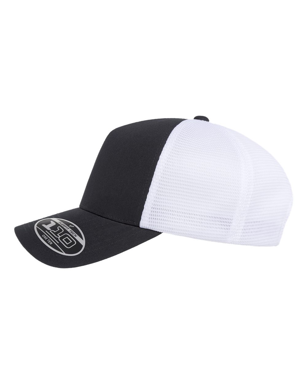 Left View of Black/ White 110® Five-Panel Mesh Cap - 110M5 plain