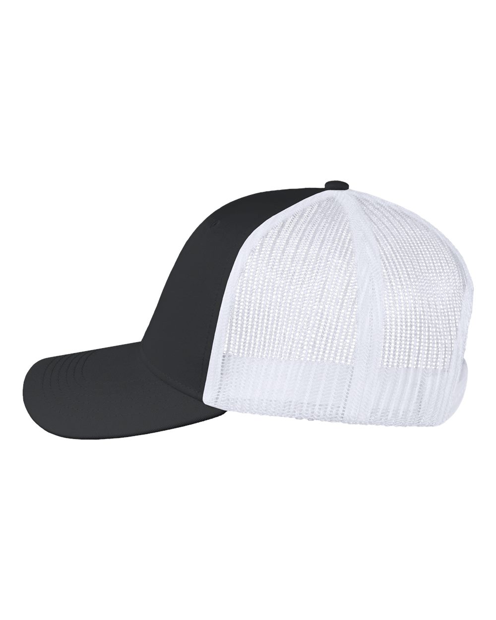 Left View of Black/ White Poly Twill Trucker Cap - VC955
